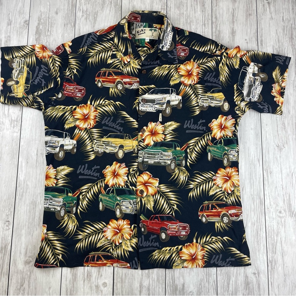 Koko Island Hawaiian Shirt  Floral Convertible Cars Size L